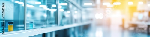 Bright modern lab interior with glassware, scientific equipment, banner