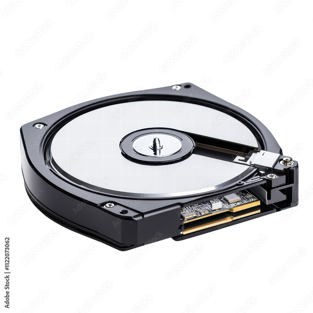 Hard disk drive with sleek design, showcasing its reflective surface and internal components. Ideal for technology and data storage themes. isolated on transparent background Hard disk drive with sleek design, showcasing its reflective surface and internal components. Ideal for technology and data storage themes. isolated on transparent background