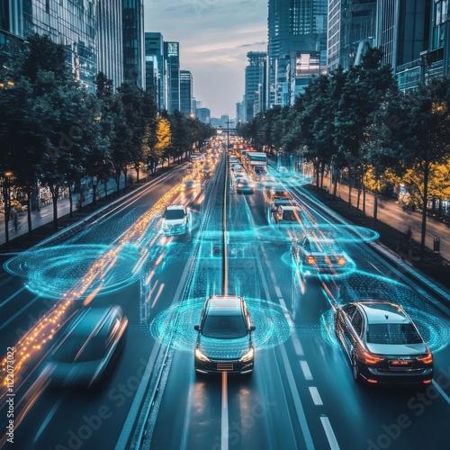 Visualization of the interaction of self-driving autonomous vehicles. Robotic cars are controlled by AI, driving along a busy city avenue, scanning the road with sensors, exchanging information.	 photo