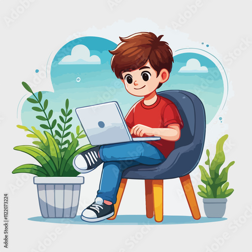 a boy is using his laptop vector