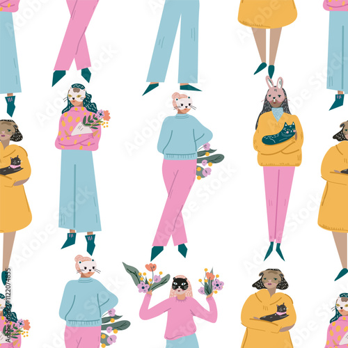Seamles pattern. Cute girls are going to a costume party.  Flat illustration. Transparent background. Design placat, banner, card