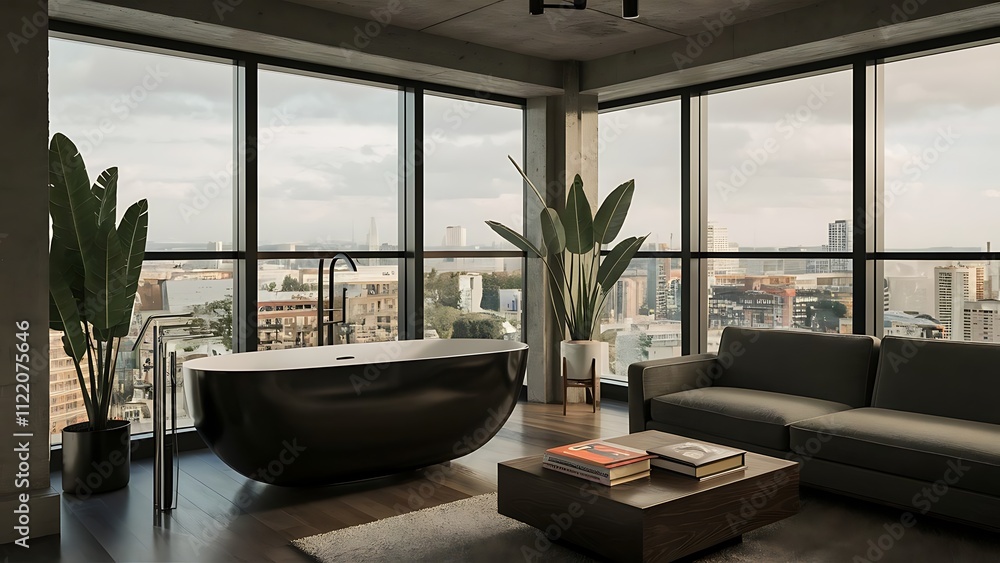 Fototapeta premium Black bathtub inside of modern apartment with books on coffee table, panoramic windows and plants