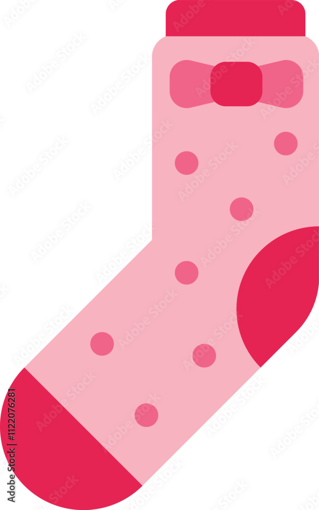 Fototapeta premium Displaying a pink sock adorned with a dark pink bow and polka dots against a clean white background, creating a stylish and simple fashion accessory