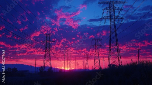 Vibrant Sunset over Power Lines photo