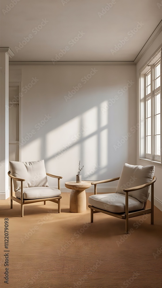 Fototapeta premium Room showcases a serene and simple design with two wooden chairs, a small table- 3D rendering
