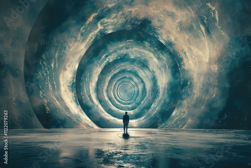 A solitary figure stands before a swirling cosmic portal, contemplating the unknown. photo