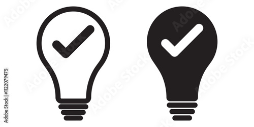 Light bulb with tick icon in flat style. Lightbulb with check, successful idea symbol isolated on white. Simple abstract thin line icon in black. Vector illustration for graphic.