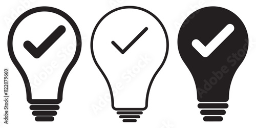 Light bulb with tick icon in flat style. Lightbulb with check, successful idea symbol isolated on white. Simple abstract thin line icon in black. Vector illustration for graphic.