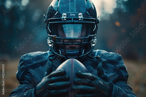 A football player in a helmet and uniform holding a ball. photo