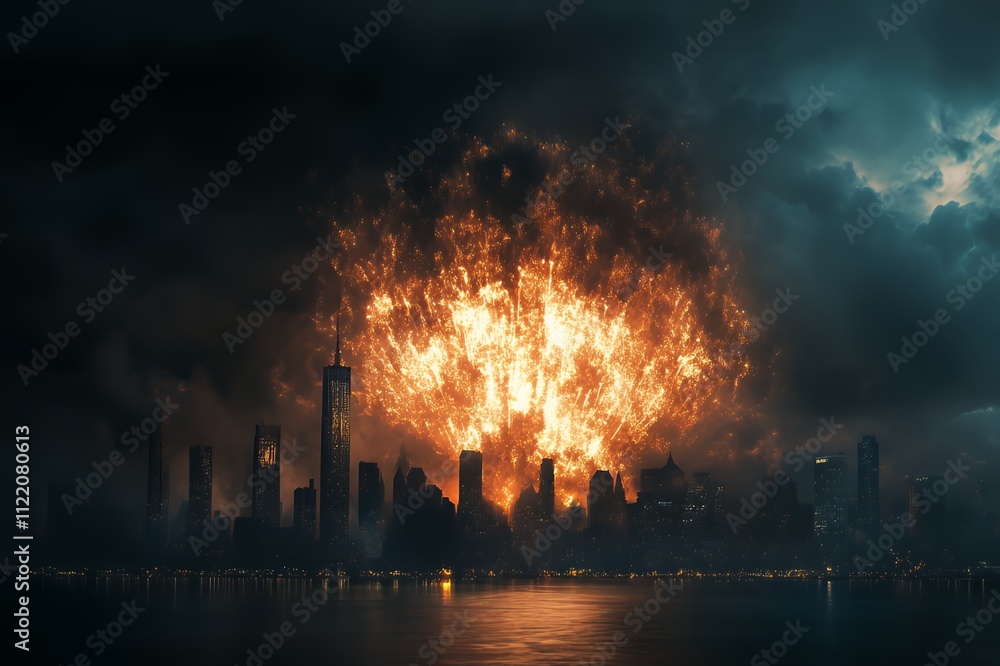 A dramatic scene of a city skyline engulfed in a fiery explosion under dark clouds. A dramatic scene of a city skyline engulfed in a fiery explosion under dark clouds.