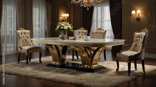 Luxurious marble-top dining table with gold-accented base and upholstered chairs in elegant dining room.