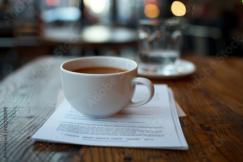 Coffee Break Time, Life Insurance Policy Paperwork Spread Out on a Table with Coffee Cup, photo