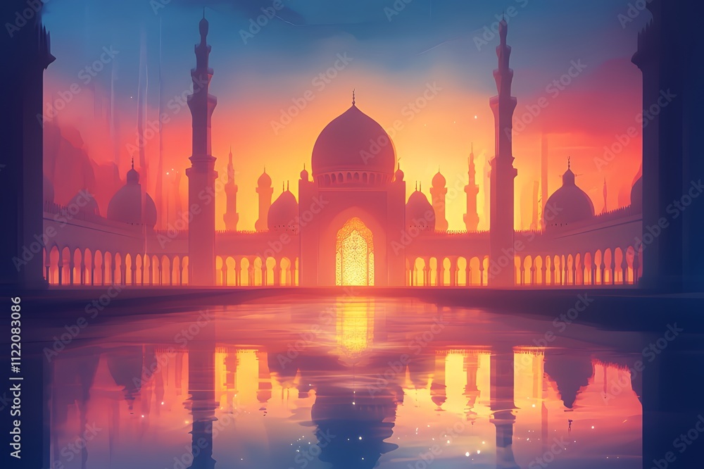 Obraz premium A serene silhouette of a grand palace at sunset, reflecting in tranquil waters.