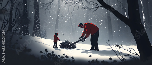 Father and Child Cutting Christmas Tree in Winter Forest