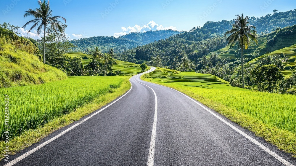 Fototapeta premium A beautiful asphalt road cuts through Indonesian lush green rice fields flowing down the mountain slopes, background wallpaper AI generated image