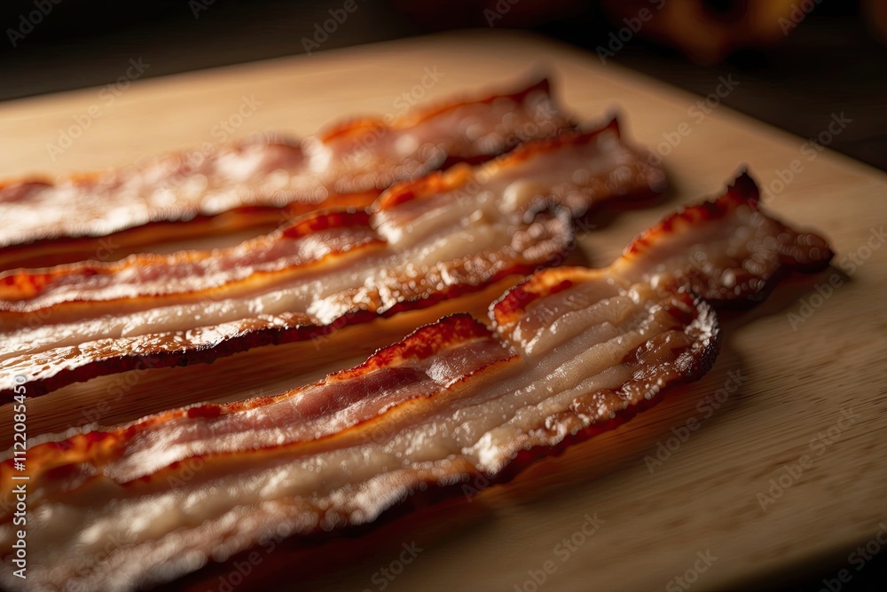 Cooked bacon rashers on plate, closeup Cooked bacon rashers on plate, closeup