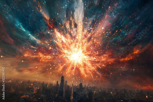 Wallpaper Mural A vibrant cosmic explosion over a city skyline, showcasing a dramatic celestial event. Torontodigital.ca