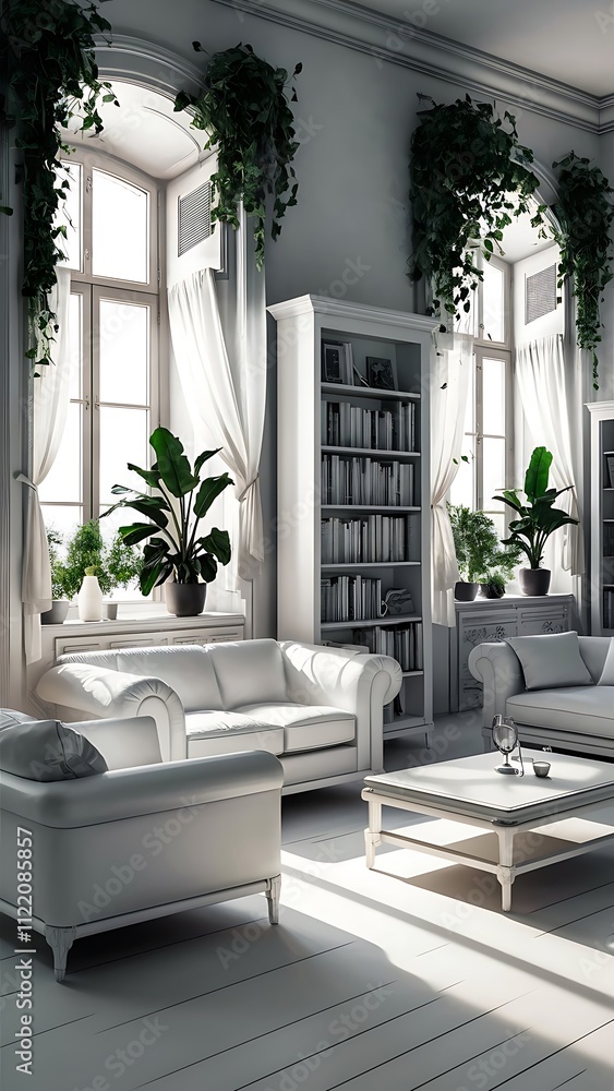 Fototapeta premium White minimalist room interior with furniture. Home nordic interior. 3D illustration