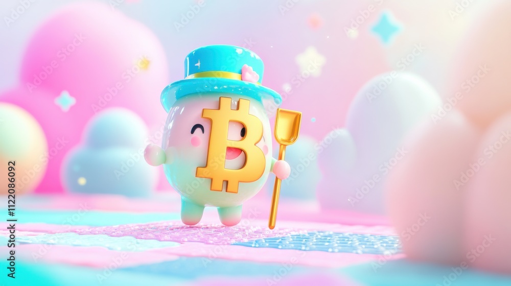 Obraz premium Cheerful 3D Bitcoin character in magical pastel setting