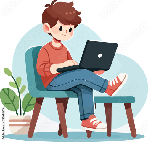 a boy is using his laptop vector