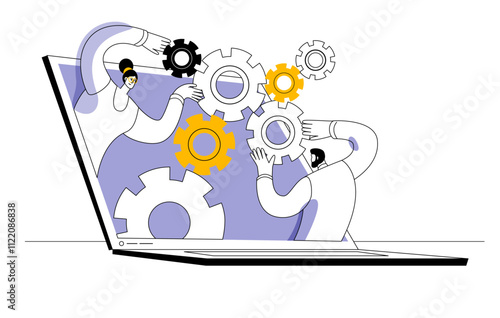 A team of analysts works with data in the form of various graphs on a laptop. Funny vector illustration on the topic of business analysis and group work.