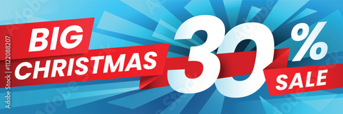 Red ribbons with big christmas sale writing and a big 30 percent discount on. a blue background with light blue rays coming from the center promote holiday shopping