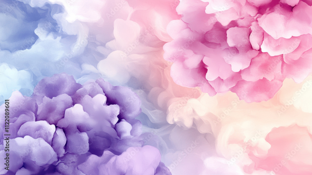 Fototapeta premium Soft pastel clouds in shades of pink, purple, and blue create dreamy, ethereal background. gentle gradient evokes sense of calm and tranquility, perfect for various design projects