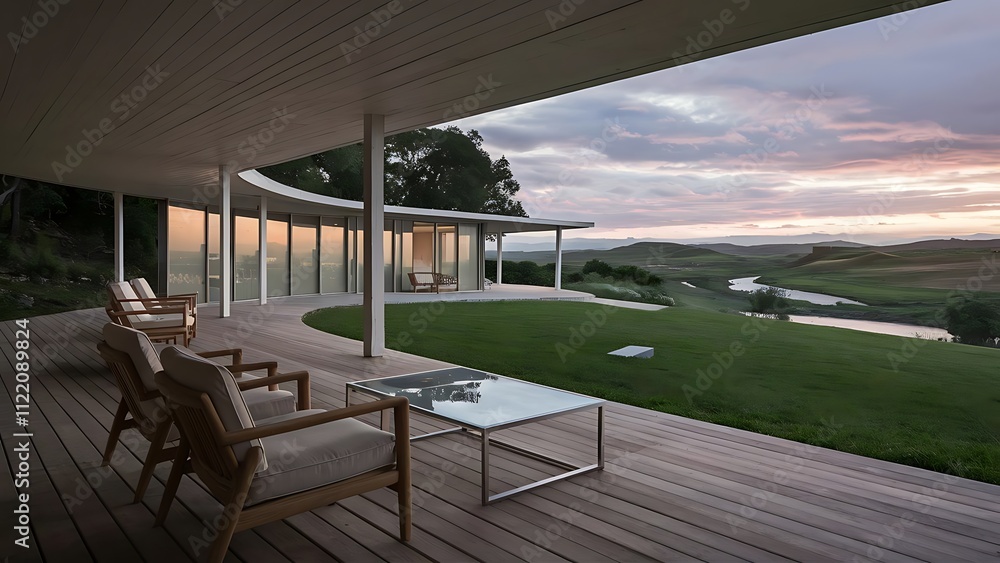Fototapeta premium Wooden chairs and coffee table on porch near modern glass house with view on scenic landscape