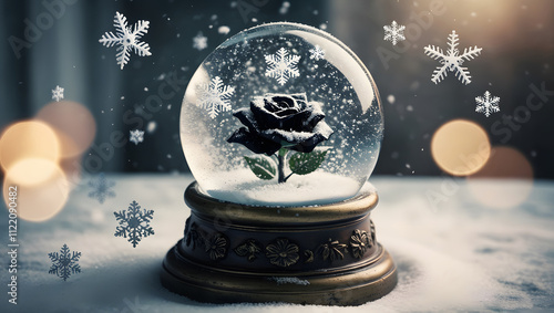 Snow globe decorated with large snowflakes in winter. Black roses in the globe bloom forever. photo