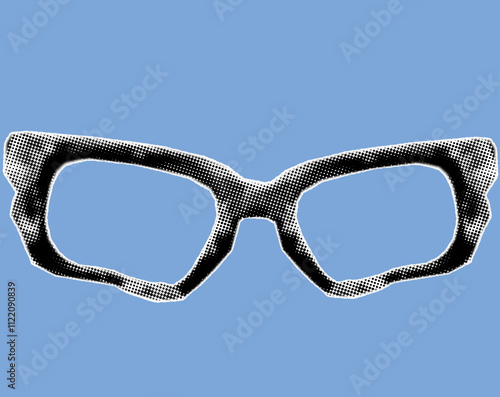 close up of broken glasses frame pixelate grayscale color halftone dotted texture style collage element isolated on blue background