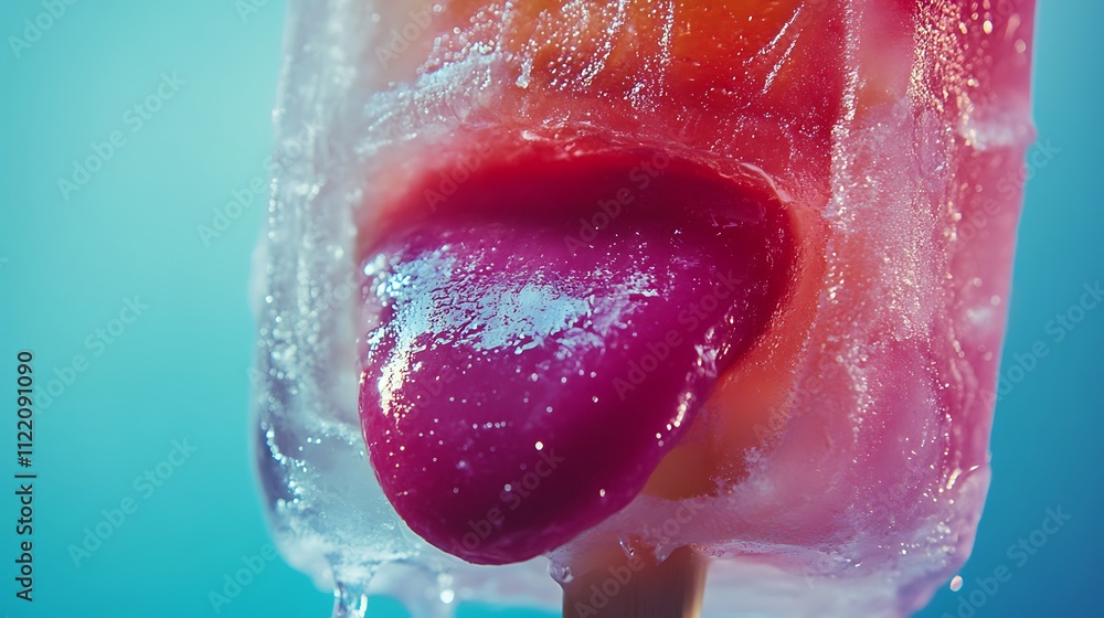 Fototapeta premium Close-up of a melting popsicle with vibrant colors and ice crystals.