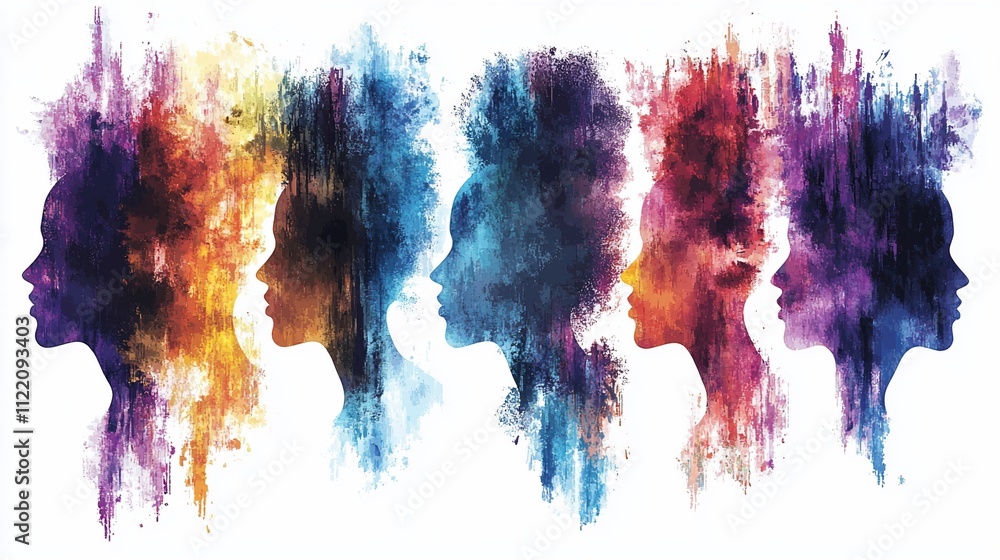 Fototapeta premium Colorful profile portraits of diverse women, abstract watercolor style.