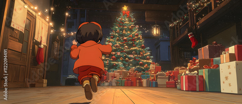 Child running towards christmass tree with presents