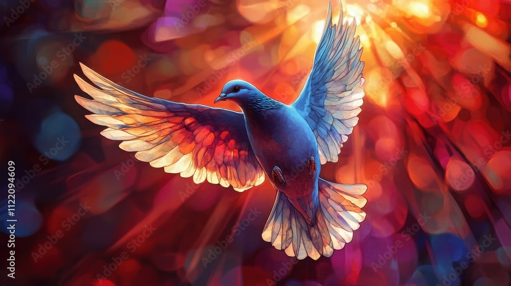 Obraz premium A vibrant digital painting of a blue dove in flight, its wings ablaze with warm colors against a bokeh backdrop. A symbol of peace and hope.