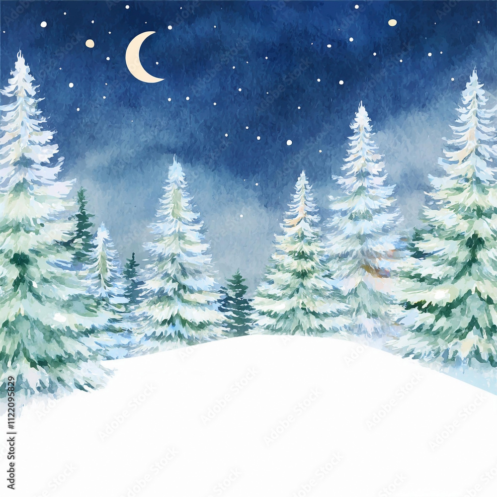 Fototapeta premium Watercolor illustration of a Merry Christmas or Happy New Year invitation card or dedication with copy space for text of a Christmas night landscape with pine trees and snow