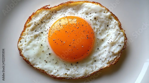 Fried egg, sunny side up, on a plate, with a golden yolk and seasoned with pepper. photo