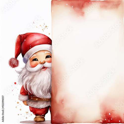 Watercolor drawing of merry christmas greeting card with adorable santa claus in red suit standing behind a sign with copy space for text. Christmas invitation card or letter