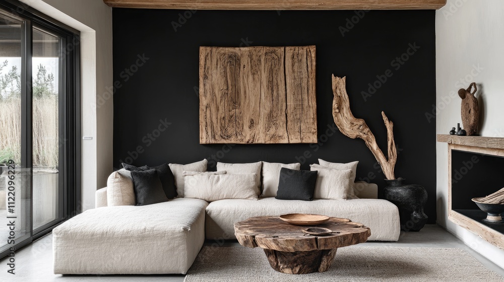 Fototapeta premium A warm, rustic-style living area with a neutral-toned beige sofa, black wall accents, and organic wood artwork, evoking a modern farmhouse charm for a comfortable, inviting space.
