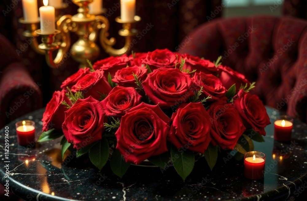 Obraz premium Circular arrangement of red and gold roses adorned with subtle glitter. They rest on a black marble table surrounded by a golden candelabra with flickering flames