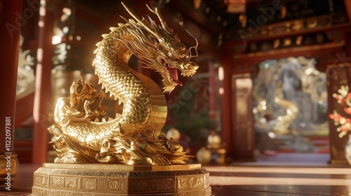 Golden Dragon Sculpture in shrine photo