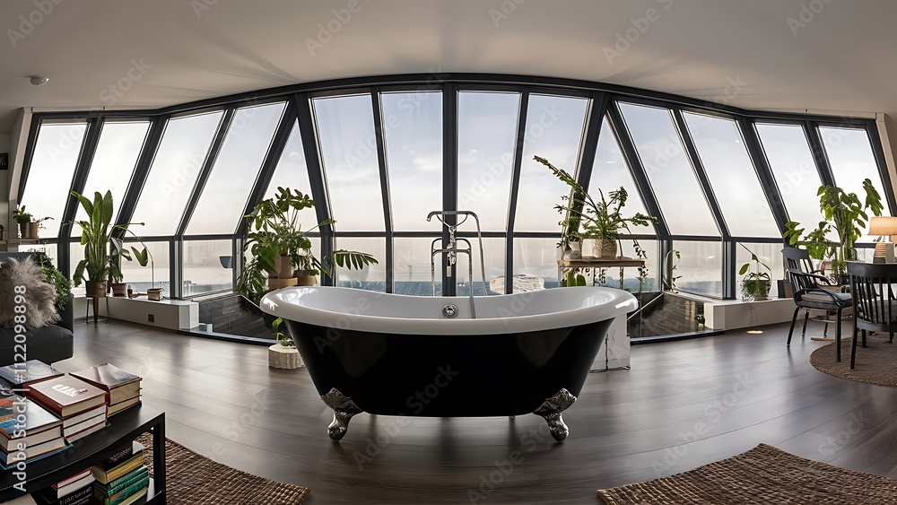 Fototapeta premium Black bathtub inside of modern apartment with books on coffee table, panoramic windows and plants