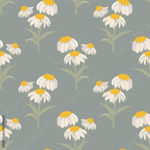 Hand drawn white yellow floral seamless pattern with cone daisies for spring summer, large scale