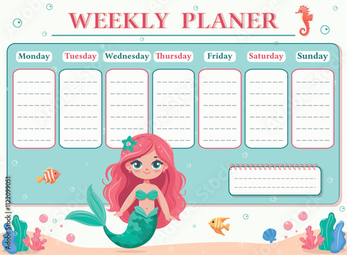 A weekly planer for a student. School Time Table Template with a sweet and beautiful mermaid on white background. Vector illustration in flat cartoon style