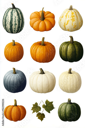 A bunch of different types of pumpkins on a white background