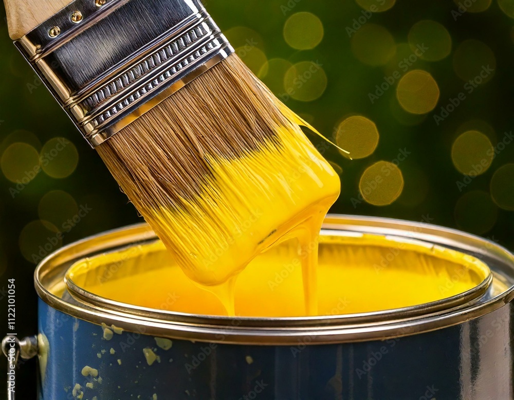 can of yellow paint and brush