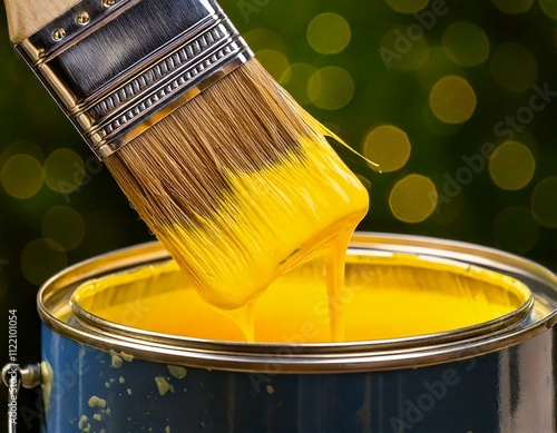 Obraz na płótnie can of yellow paint and brush w salonie