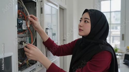 Confident Muslim Female Engineer Conducting Electrical Maintenance in a Factory Setting