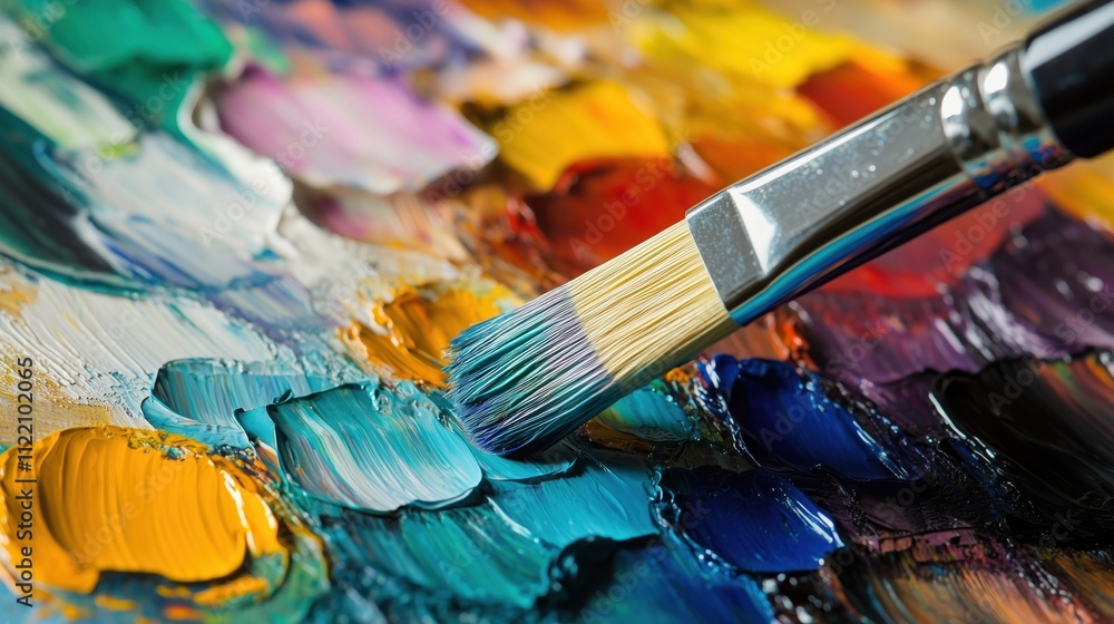 Fototapeta premium an artist's palette with vibrant paints and a brush in mid-stroke