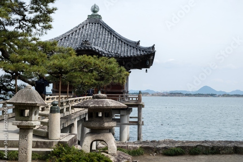 Mangetsu ji Ukimido temple hall overlooking Lake Biwa, Buddhist temple in Otsu city, Japan photo