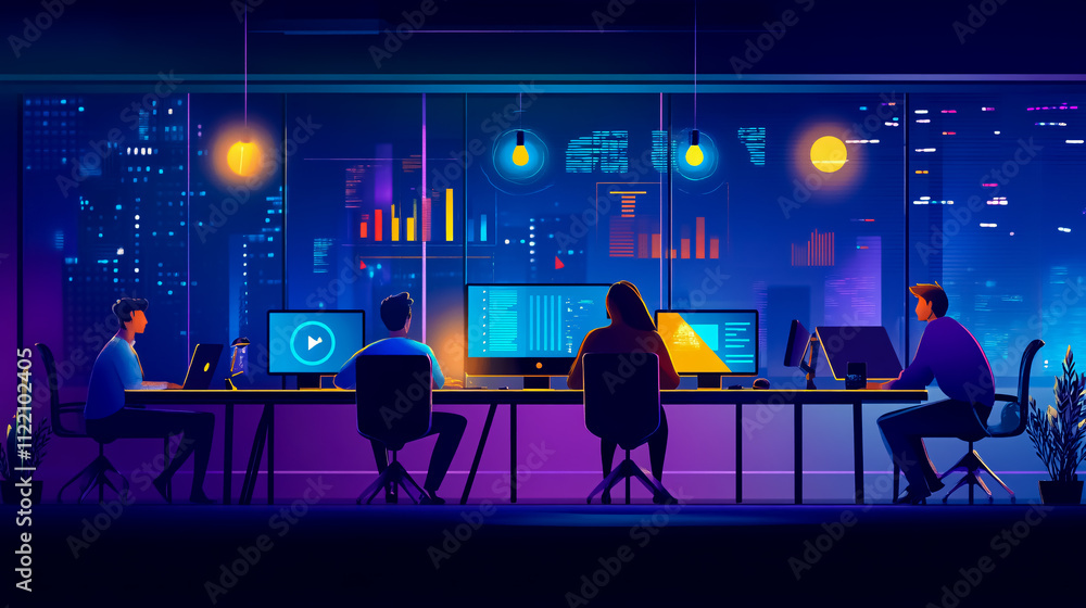 A team of professionals collaborating in an office setting at night, focused on planning strategies or goals. A team of professionals collaborating in an office setting at night, focused on planning strategies or goals.